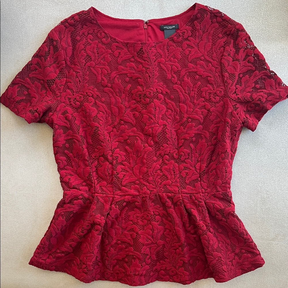 Ann Taylor Burgundy Floral Lace Peplum Blouse